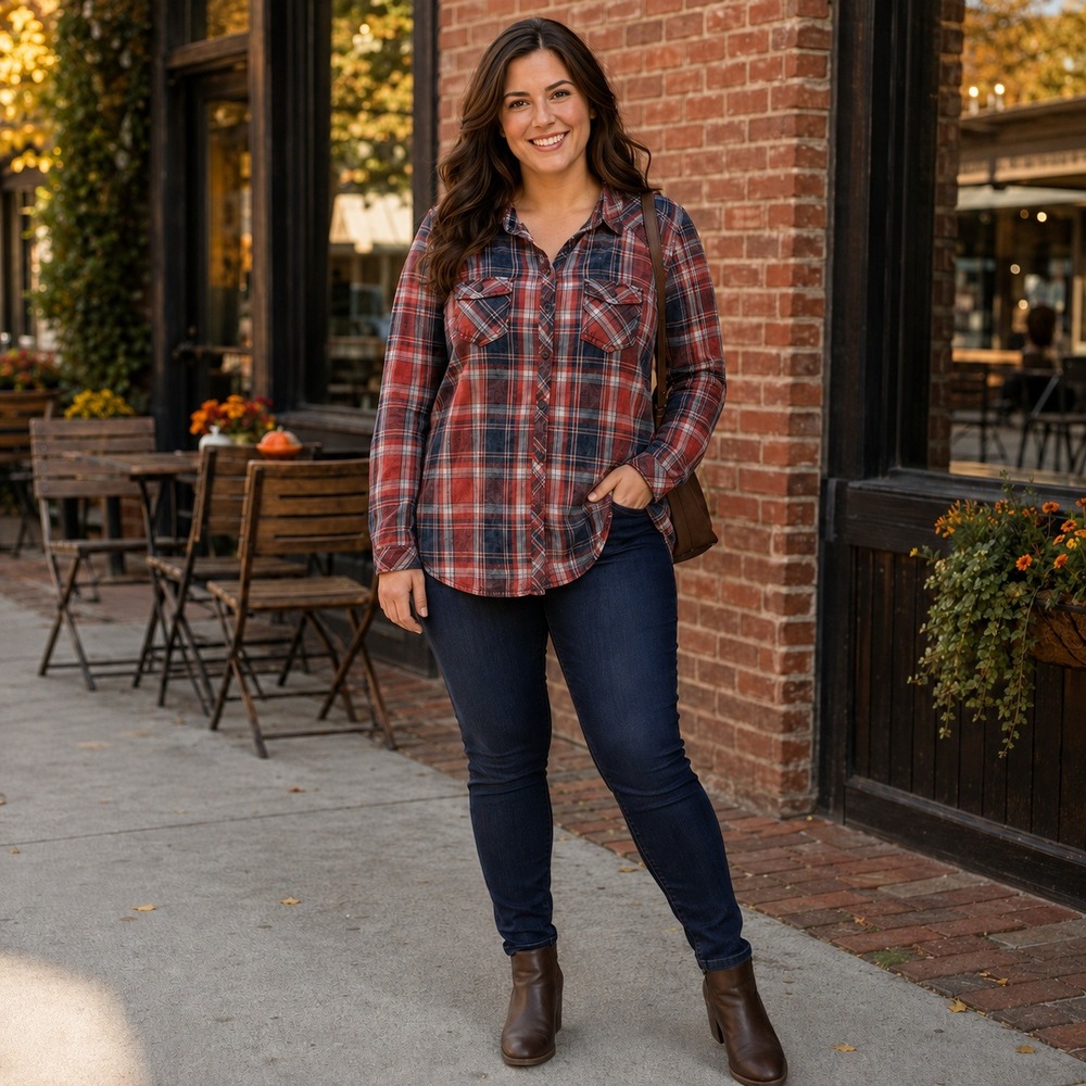 Ci Sono Button Down Womens Large Red Blue Plaid Shirt Long Sleeve Roll Tab New